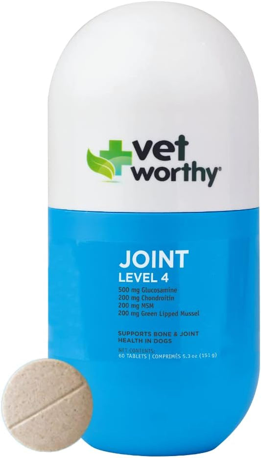 Vet Worthy Joint Support Level 4 - Chewable Tablet| Supports Bone Health and Healthy Joints - Dog Supplement with Glucosamine and Hyaluronic Acid | Vet Strength Joint Care | Liver Flavor, 60-Count