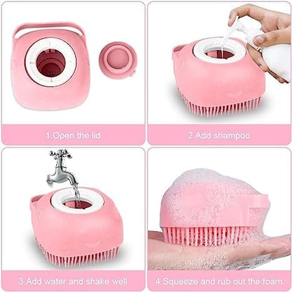 Dog Bath Brush Soft Silicone Dog Shampoo Brush | Pet Shampoo Massage Dispenser Dog Brush for Shedding Massage Dispenser Shower Brush for Short and Long Haired Dogs and Cats (Pink)