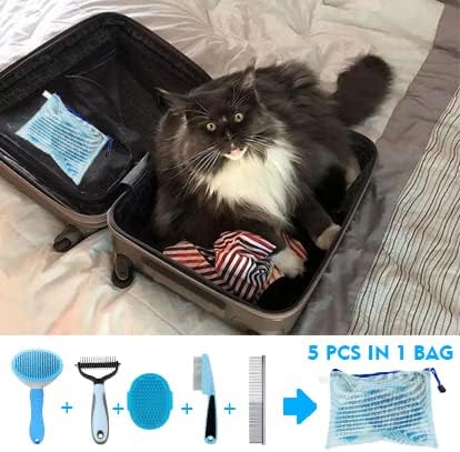 Dog Grooming Kit - 5 Pieces: Slicker Brush, Shedding Brush, Puppy Brush, Flea Comb, and Detangler Hair Brush Set in Blue