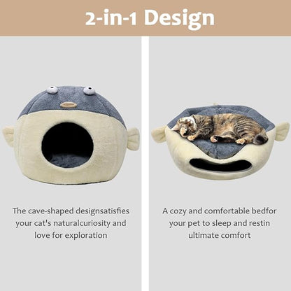 Cat Beds for Indoor Cats - 19.7'' Cute Animal-Shaped Larger Cat Cave Bed,Super Soft Calming cat Tent for Kitten&Puppy,Small Dog,Warm Plush&Machine Washable,Grey Multiple Sizes