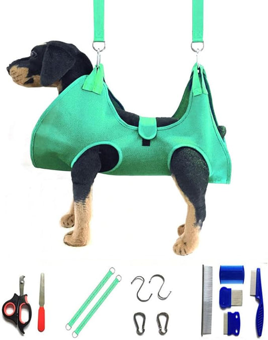 Dog Grooming Hammock with Flea Comb and Dog Nail Clipper, Pet Dog Grooming Hammock Harness with Cat Nail Clipper, Nail File and Dog Brush, Dog Sling for Nail Clipping/Nail Trimming (S, Green)
