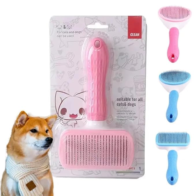 Pink Cat grooming brush, Pet hair brush with Massage Particles, Self Cleaning Dematting Comb for Dogs and Cats, Easy to Use, Ergonomic Handle Design