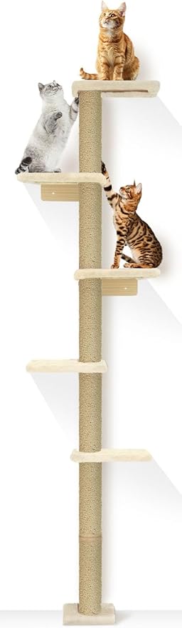PAWSCRAT Wall-Mounted Cat Tree, 5 Tier Floor to Ceiling Cats Tower, 80 Inch Wall-Mounted Cat Scratching Post, Space Saving Cat Furniture and Easliy Climb for All Cats, Beige