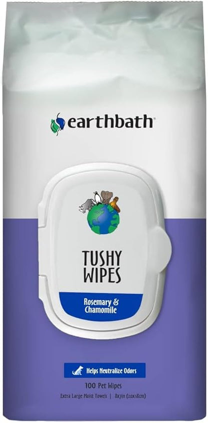 earthbath, Rosemary & Chamomile Tushy Wipes - Dog Wipes for Paws and Butt, Pet Wipes for Dogs & Cats, Made in USA, Cruelty-Free Dog Cleaning Wipes, Helps Neutralize Odors - 100 Count (1 Pack)
