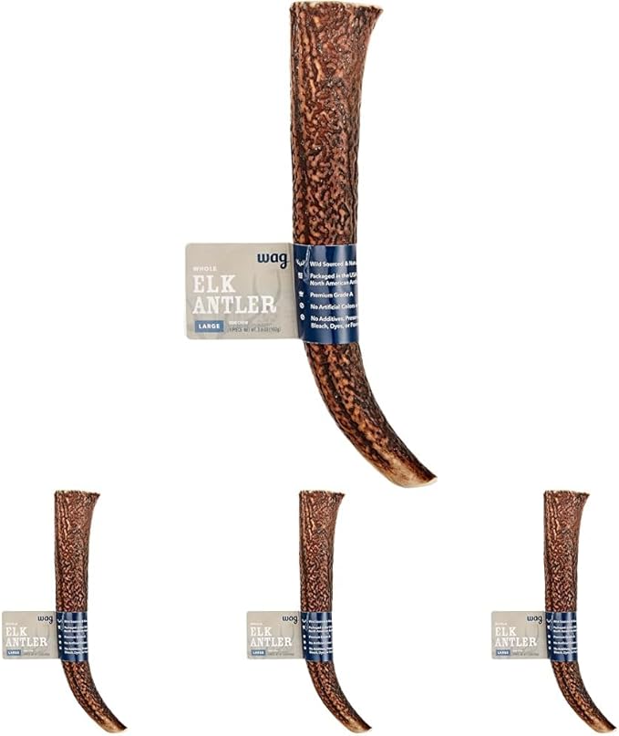 Amazon Brand - Wag Dog Elk Antler Chew, Naturally Shed, Whole, Large 8-9.5 inches (Best for Dogs 30-45 lbs), 3.60 Ounce (Pack of 4)