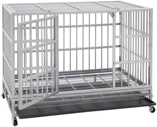 54/48/42/38 Inch Heavy Duty Dog Crate Cage with Wheels, Indestructible and Escape Proof Steel Kennel Indoor for High Anxiety Dogs with Sturdy Locks, Double Door and Tray, Extra Large XL XXL
