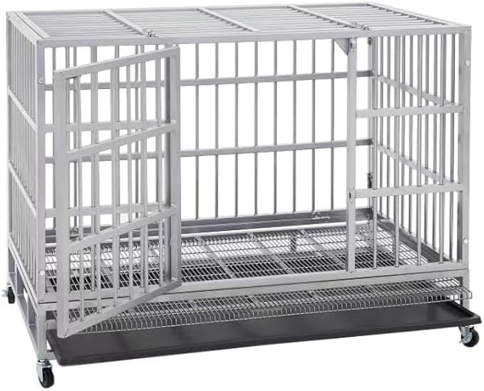 48 Inch Heavy Duty Dog Crate Cage with Wheels, Indestructible and Escape Proof Steel Kennel Indoor for High Anxiety Dogs with Sturdy Locks, Double Door and Removable Tray, Extra Large XL XXL