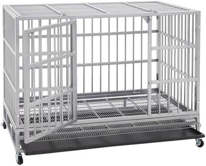 48 Inch Heavy Duty Dog Crate Cage with Wheels, Indestructible and Escape Proof Steel Kennel Indoor for High Anxiety Dogs with Sturdy Locks, Double Door and Removable Tray, Extra Large XL XXL