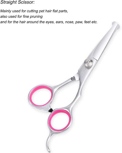 Dog Grooming Scissors Kit with Safety Round Tip, Heavy Duty Stainless Steel Dog Scissors Set Include Straight Scissors, Curved Scissors, Thinning Shears and Comb for Dog Cat Hair Care