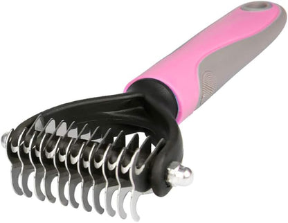 Dematting Comb, Two-Sided Undercoat Rake for Dogs & Cats, Dog Brush for Shedding and Removing Mats,Safe Stainless Steel dematting Tool Pink