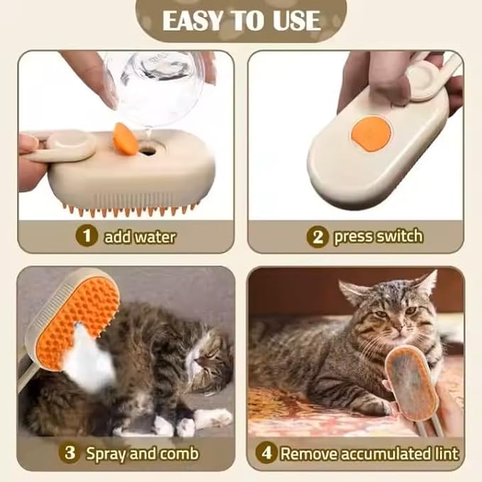3-in-1 Steam Pet Brush for Cats & Dogs  Self-Cleaning Grooming Comb with Spray Mist, Massage & Shedding, Rechargeable USB, Anti-Static, Foldable Handle (TAN)