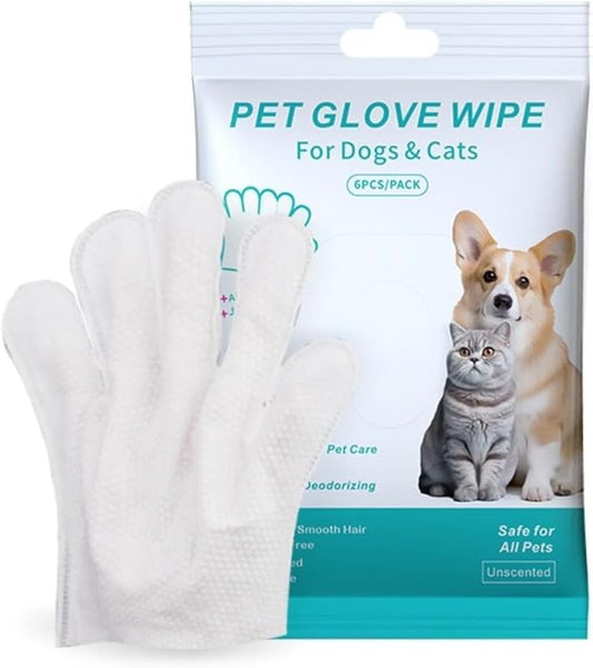 Pet Glove Wipes, Rinse Free, Cleaning & Deodorizing Bathing, Wipes for Animals Dogs, Cats, Pet Cleaning Gloves Wipes for Daily Care, Traveling, Hypoallergenic, 6Pcs, 1 Pack
