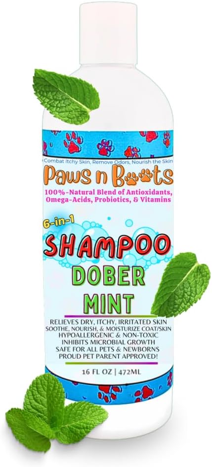 6-in-1 Dog Shampoo - Fast Relief for Allergies, Dry, Itchy, Skin. Premium & Beneficial Ingredients to Repair and Nourish The Skin/Coat. 100% Natural, Organic, Plant-Based, Dober-Mint