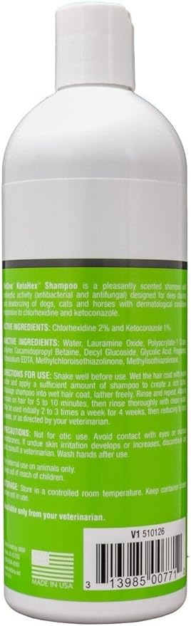 KetoHex Cat and Dog Shampoo - 16 oz Anti Bacterial Cat & Dog Flea And Tick Treatment, For Sensitive Skin Infections & Lesions, Protects & Moisturizes, Antifungal Treatment For Dogs & Cats - VetOne