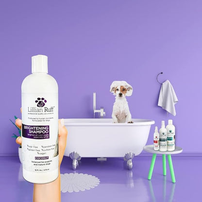 Lillian Ruff Ultra-Brightening Professional Whitening Shampoo for Dogs with Aloe & Coconut Oil for Dry Skin & Itch Relief - pH-Balanced Dog Whitening Shampoo Remove Stains, Yellowing, & Odor (16oz)