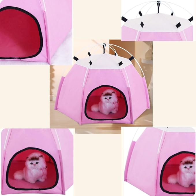 Cute Cat Teepee Cave, Cat Tent Foldable Indoor Outdoor with Thick Mat,Puppy Bed Tent,Bunny Pet Tent Teepee,Portable Dog House Teepee Tent, Cat Bed,Dog Bed Tent,Puppy Bunny,Pet Tent Teepee (C, L)