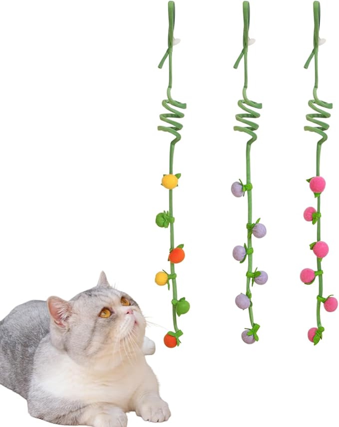 3Pcs Cat Spring Toys with Ball ，Fruit Design， Hanging Kitten Toys Pets ，Interactive Toy Cat Ball Toys with Bell ，Long Tail Elastic Soft Plush Cat Toys for Indoor Kitten and Cats (Fruit, 3pcs)