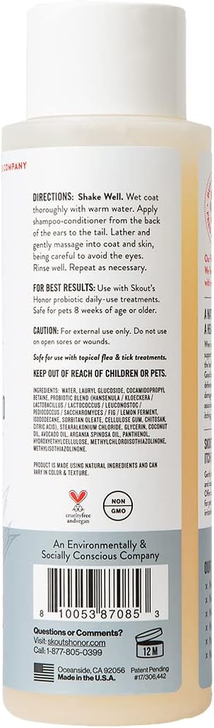 SKOUT'S HONOR Probiotic Itch Relief Shampoo for Pets - Non-Medicated, Fragrance-Free, Paraben & Sulfate-Free, with Avocado Oil & Omega 3's, 16 Fl Oz