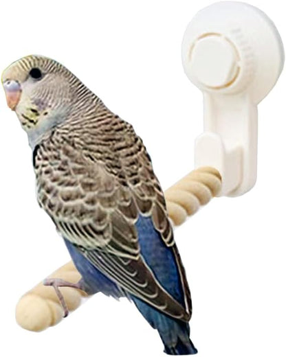 Bird Perch Stand, Bird Toys for Parakeets, Cockatiel, Parrot, Conure, Budgie, Lovebird, Movable with Suction Cup, White, Wood, ABS Plastic