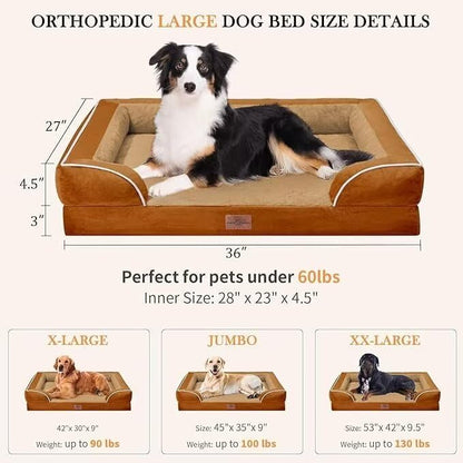 Large Dog Beds Orthopedic Foam, Waterproof Dog Beds for Large Sized Dogs, Comfy Washable Pet Bed Sofa with Removable Cover & Non-Slip Bottom(Large,Caramel)