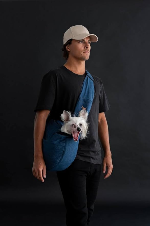 Noah & Paw Dog Sling Carrier for Small Dogs 5-18lb, Dog Sling for Small Dogs and Cats, Dog Carrier with Adjustable Padded Strap, Vegan Denim Lined with Fur, 3X Safety Features, Machine Washable