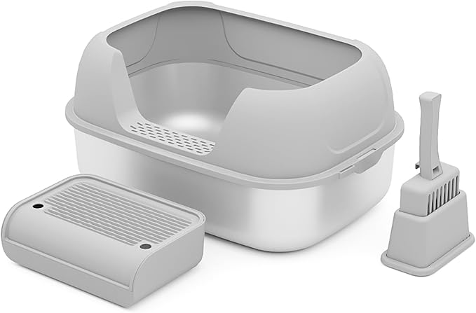 Stainless Steel Sifting Litter Box with Lid, Metal Litter Pan with Scoop for Big Cats Multi Cat, Extra Large Cats Litterbox Odor Control Easy Clean (22.8*16.5*11.8inch-With Enclosure & Step, X-Large)