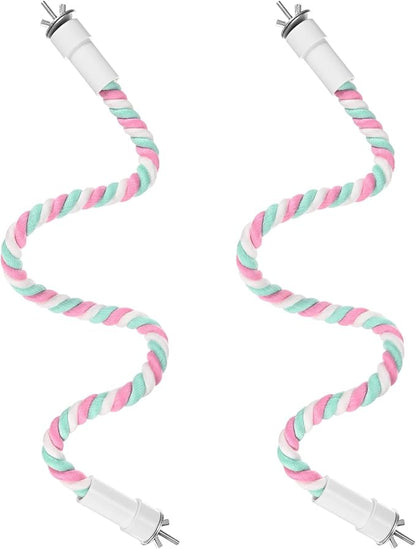 2-Pack Rope Perches for Bird Cages, 23.6 in Length Comfort Grip Flexible Rope Perch Beak & Paw Grinding for Parrots/Cockatiels/Parakeets, Bird Platform Sand [Pink Cyan]