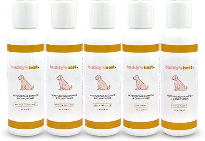 Buddy’s Best 4oz Travel-Size Dog Shampoo and Conditioner with Shea Butter, Oatmeal, Biotin, and Aloe Vera, Alcohol-Free Deep Moisturizer for Dry, Itchy Skin and Coats (Citrus Fresh)
