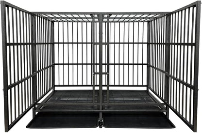 54 Inch Heavy Duty Dog Crate Cage with Divider, Indestructible and Escape Proof Steel Kennel Indoor for 2 High Anxiety Dogs with Sturdy Locks, Double Door and Tray, Extra Large XL XXL