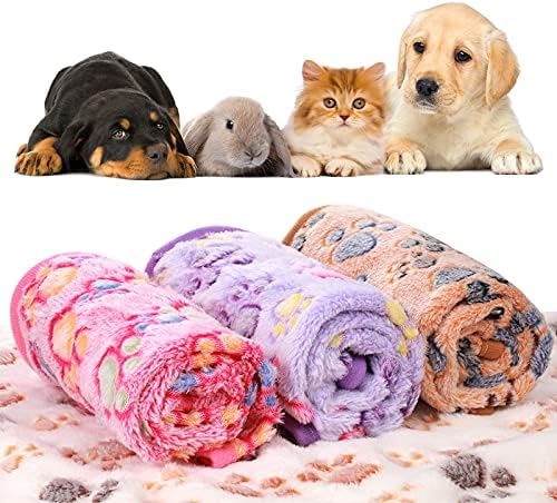Tatuo 4 Pcs Dog Blanket Pet Puppy Blanket Puppy Teething Toys Paw Print Fleece Blanket for Pet Cat Soft Warm Sleep Mat Guinea Pig Cage Blanket(Medium(30 x 20.5 Inch),White, Coffee, Pink, Purple)