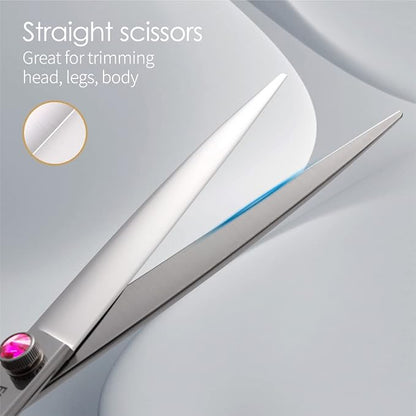 Dog Grooming Scissors Kit 7 in Professional Curved Thinning Straight Chunkers Shears and Comb 5pcs Set for Grooming Dogs Cat Pet Japanese 440C Stainless Steel(7.0'',Kit)