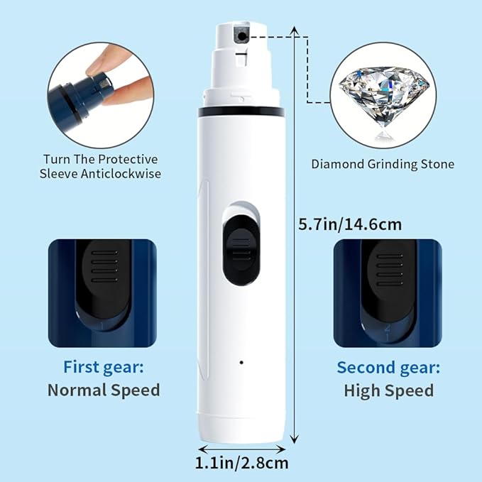 Dog Nail Grinder with 2 Grinding Heads - 2-Speed Powerful Electric Pet Nail Trimmer Professional, Painless Claw Decoration and Smoothing Suitable for Small, Medium, Large Dogs and Cats White