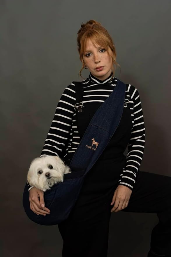 Noah & Paw Dog Sling Carrier for Small Dogs 5-18lb, Dog Sling for Small Dogs and Cats, Dog Carrier with Adjustable Padded Strap, Vegan Denim Lined with Fur, 3X Safety Features, Machine Washable
