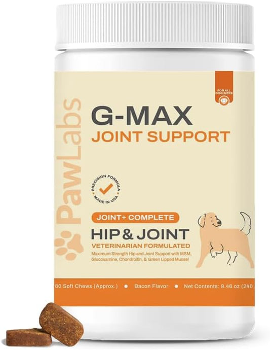 Pawlabs G-Max Joint Support for Dogs - Maximum Strength Hip & Joint Supplement with Glucosamine, Chondroitin, MSM etc - Relieves Arthritis Pain & Hip Dysplasia - Bacon Flavor, 60 Chews