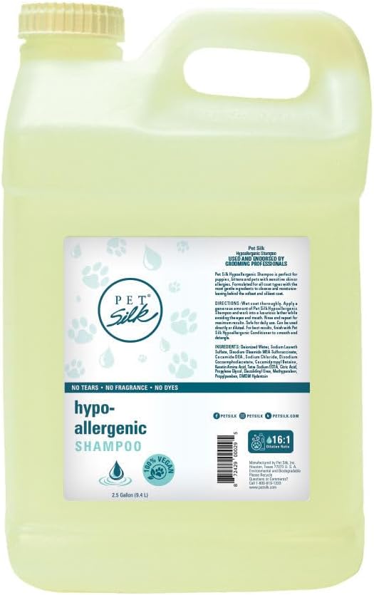 Pet Silk Hypoallergenic Shampoo, Free of Dyes and Fragrances, Specially Designed for Pet's with Sensitive Skin, Infused with Keratin, Achieve a Strong, Healthy & Smooth Coat for Your pet! (2.5 GAL)