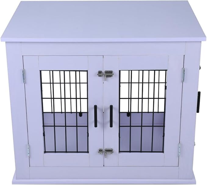 31.5" Heavy Duty Dog Crate for Medium Small Dogs, Furniture Style cage with Double Doors Pet House Wooden Cage Modern Kennel FurnitureIndoor for Dogs up to 85 lb (White)