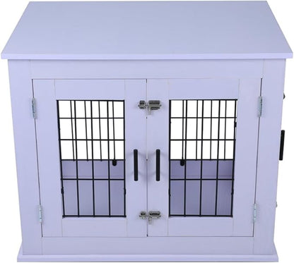 31.5" Heavy Duty Dog Crate for Medium Small Dogs, Furniture Style cage with Double Doors Pet House Wooden Cage Modern Kennel FurnitureIndoor for Dogs up to 85 lb (White)