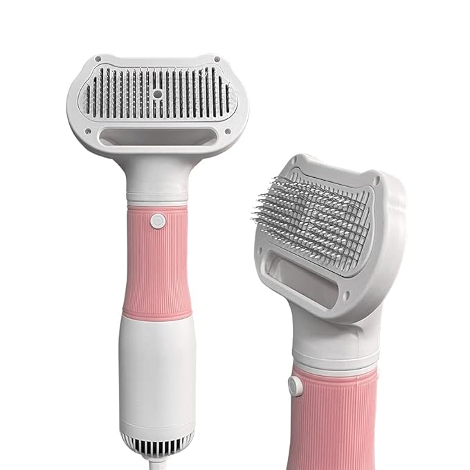 3 in 1 Professional Pet Grooming Brush with Hair Dryer, Slicker Brush, and Adjustable 3 Temperature Settings for Dogs and Cats (Pink)