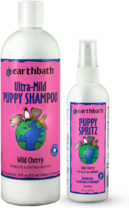earthbath, Ultra-Mild Wild Cherry Puppy Shampoo & Spritz - Cruelty Free Dog Shampoo and Conditioner, Made in USA, Tearless & Extra Gentle Dog Wash, Best Puppy Shampoo & Puppy Supplies - (1 Set)