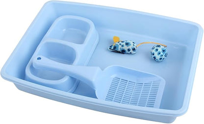PAWISE Small Cat Litter Box, Kitten Litter Box Starter Kit, Low Entry Baby Catty Training Litter Box with Scoop, Bowls,Cat Mouse Toy and Cat Ball Toy,First Kitten Owner Essentials (Blue)