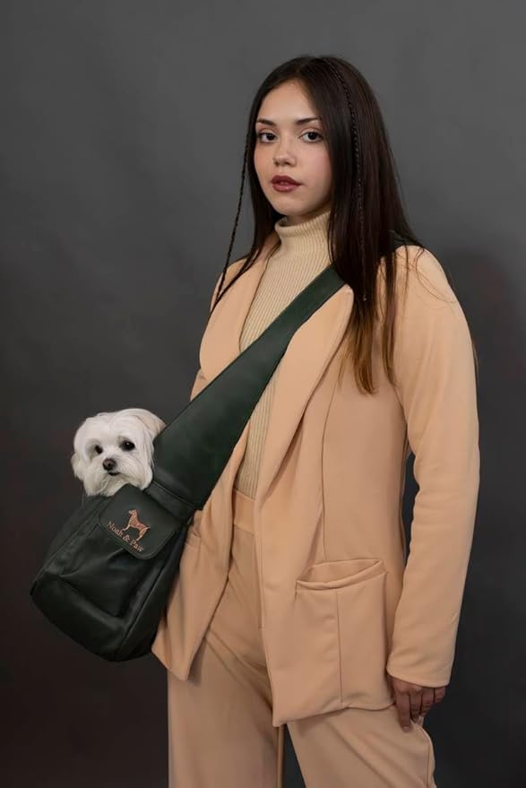Noah & Paw Dog Sling Carrier for Small Dogs 5-18lb, Dog Sling for Small Dogs and Cats, Dog Carrier with Adjustable Padded Strap, Vegan Leather Lined with Fur, Double Safety Feature, Machine Washable