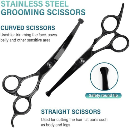 7 Pieces Professional Grooming Scissors Kit with Curved, Thinning, Straight Scissors, Nail Clipper, Nail File and Pet Hair Removal Comb for Pet Dogs & Cats