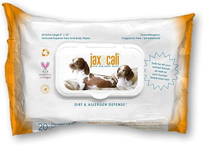 JAX & CALI Pet Wipes, Natural Textured Paw and Body Wipes, Hypoallergenic, pH Balanced, Vitamins B3 & E, Soothing Aloe, No Fragrance, Holistic, Cruelty Free, Dogs & Cats, Extra Large 8"x10", 20 Wipes