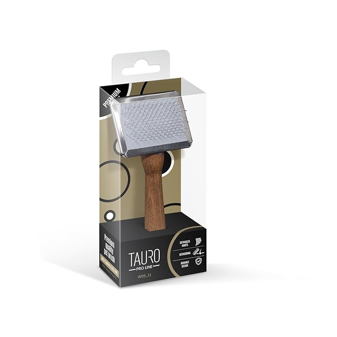 TAURO PRO LINE Wooden Dog Brush for Shedding Long and Short Hair, Wooden Soft Slicker for Grooming Haired Dogs and Cats, Metal Teeth And Sleek Design, 5,11 x 2.36 inch, S, Brown
