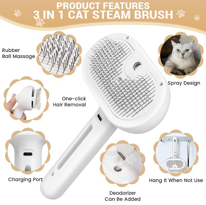 Cat Steam Brush,3 in 1 Pet Hair Removal Comb, Self-Cleaning Spray Cat Brush for Shedding,Steamy Pet Brush with Release Button and Tank - Suitable for Long and Short Hair Dogs and Cats, White