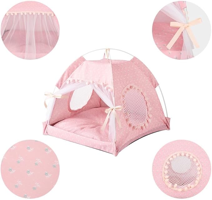 Cat Bed Tents Dog House Indoor Outdoor Lace Mesh Breathable Windows Door Curtains Removable Portable Nest Teepe House (Large,Pink(Flower))