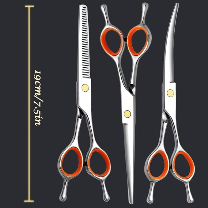 AIRY 7.5-in Professional Dog Grooming Scissors Set - Premium Stainless Steel Scissors Kit Including Straight Cutting, Thinning Shears, Curved Scissors,Comb and Storage Bag,Pet Grooming Kit for Dogs