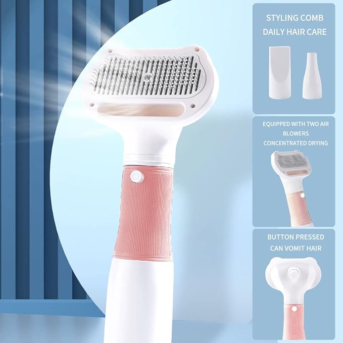 3 in 1 Professional Pet Grooming Brush with Hair Dryer, Slicker Brush, and Adjustable 3 Temperature Settings for Dogs and Cats (Pink)