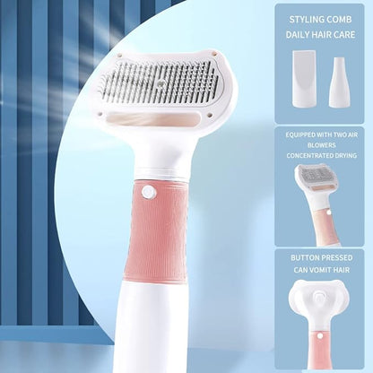 3 in 1 Professional Pet Grooming Brush with Hair Dryer, Slicker Brush, and Adjustable 3 Temperature Settings for Dogs and Cats (Pink)