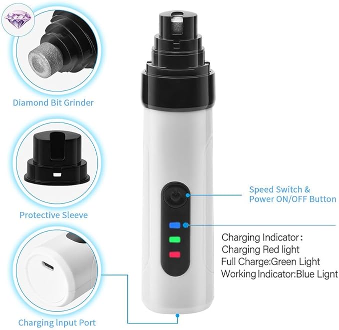 Heusom Silent Groom Pro Nail Grinder, Heusom Dog Nail Trimmer, Rechargeable USB Charging Pet Nail Grinder, Electric Dog Nail Clippers Pet Paws Grooming Smoothing Tool, 2 Grinding Heads